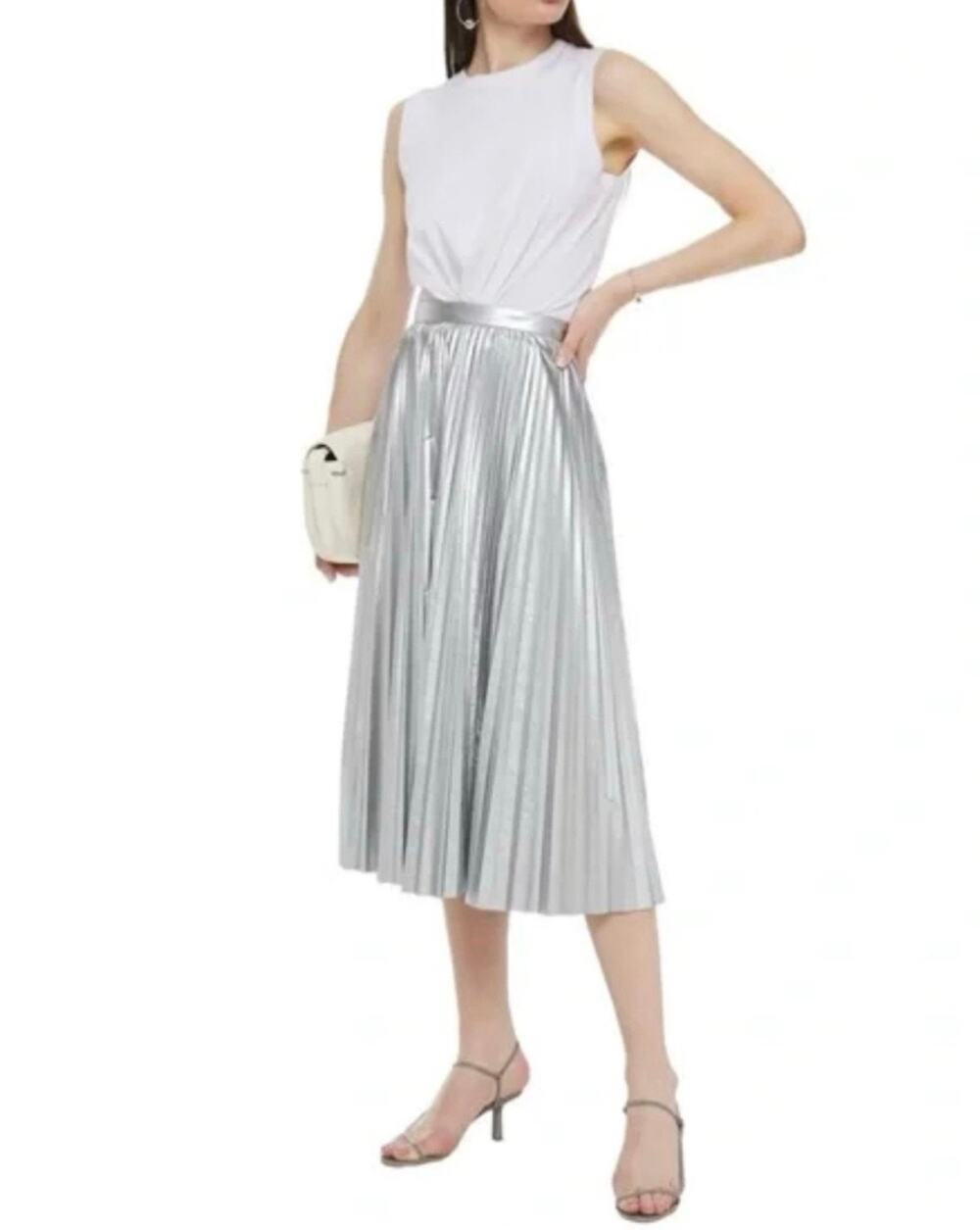 Tibi Metallic Silver Pleated Lame A-Line Cocktail Party Futuristic Midi Skirt 2